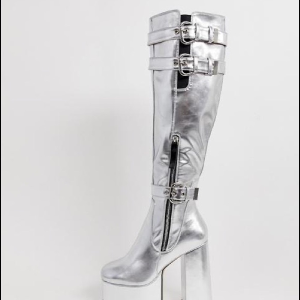 Lamoda Silver Platform Knee High Boots